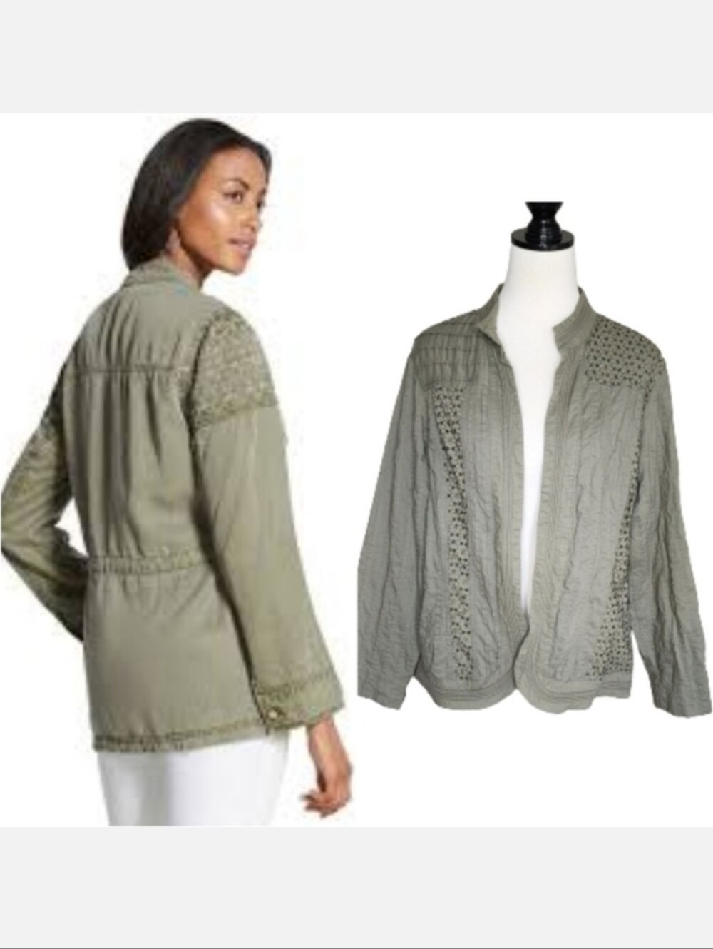 Chico's green utility jacket barn coat with floral lace size extra large XL